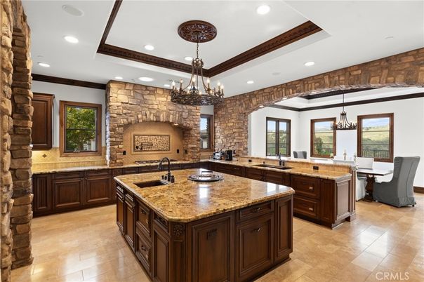 Chandelier, Dining room, Interior, Kitchen, Recessed Lighting, Stone Walls