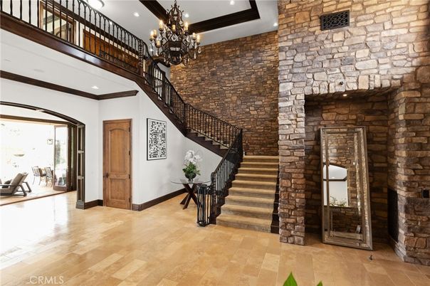 Chandelier, Interior, Recessed Lighting, Stone Walls, Wood Texture Flooring