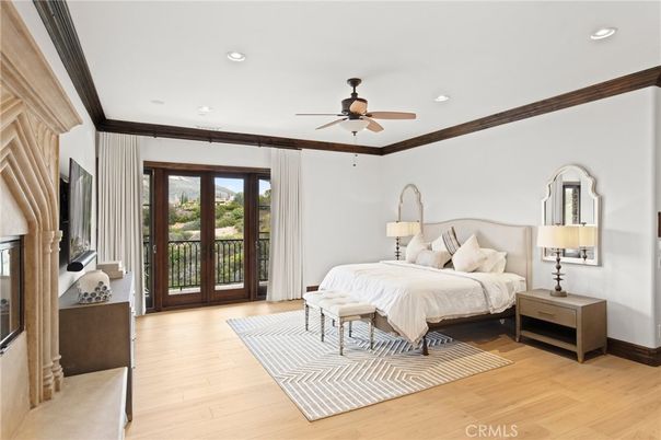 Bedroom, Fireplace, Interior, Recessed Lighting, Wood Texture Flooring