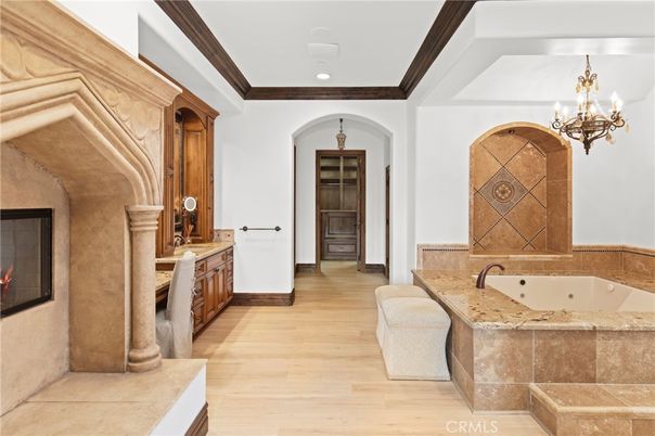 Bathroom, Chandelier, Interior, Recessed Lighting, Wood Texture Flooring