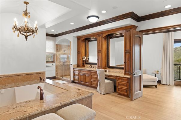 Bathroom, Chandelier, Interior, Recessed Lighting, Wood Texture Flooring