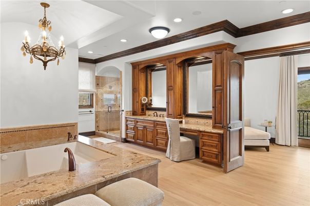 Bathroom, Chandelier, Interior, Recessed Lighting, Wood Texture Flooring