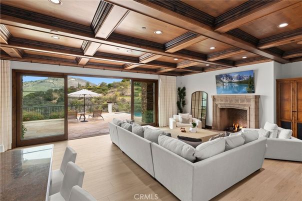 Fireplace, Interior, Living room, Recessed Lighting, Wooden Beams, Wooden Ceilings, Wood Texture Flooring