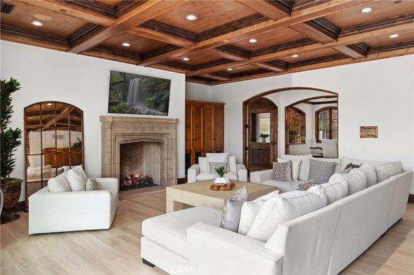 Fireplace, Interior, Living room, Recessed Lighting, Wooden Beams, Wooden Ceilings, Wood Texture Flooring