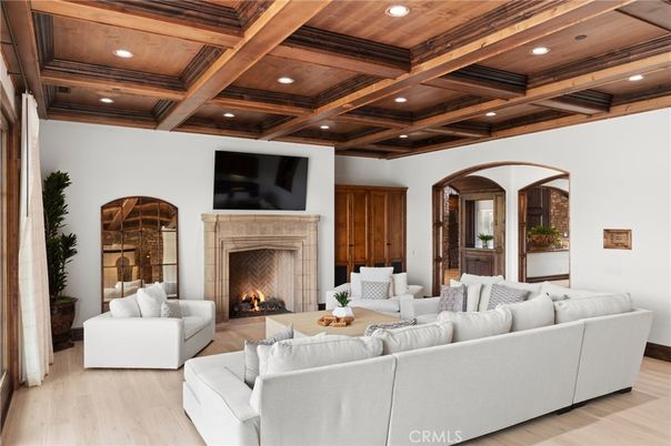 Fireplace, Interior, Living room, Recessed Lighting, Wooden Beams, Wooden Ceilings, Wood Texture Flooring