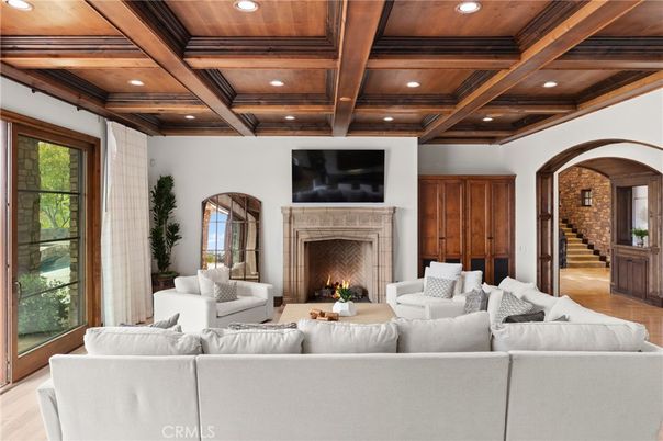 Fireplace, Interior, Living room, Recessed Lighting, Wooden Beams, Wooden Ceilings, Wood Texture Flooring