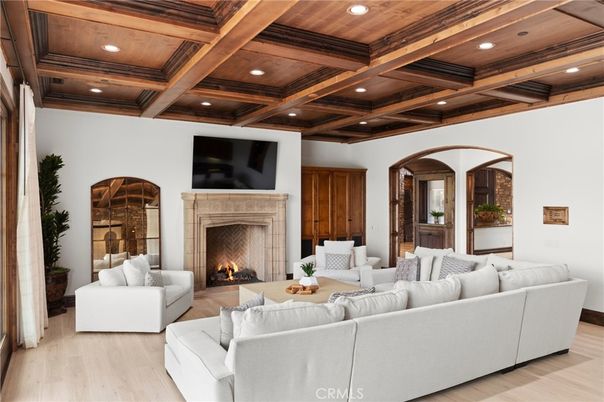 Fireplace, Interior, Living room, Recessed Lighting, Wooden Beams, Wooden Ceilings, Wood Texture Flooring