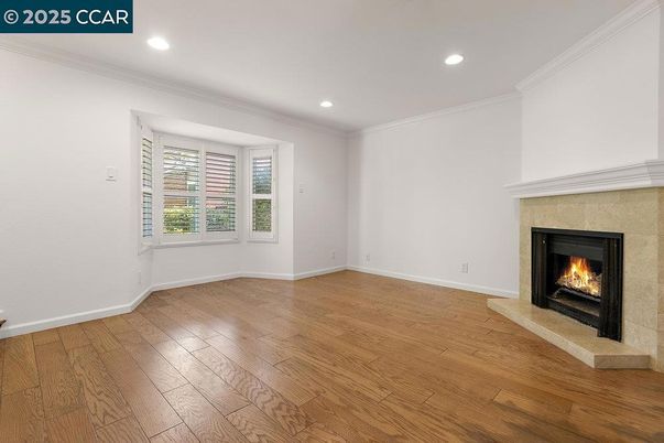 Empty room, Fireplace, Interior, Recessed Lighting, Wood Texture Flooring