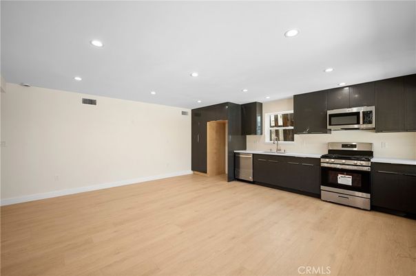 Interior, Kitchen, Recessed Lighting, Stainless Steel Appliances, Wood Texture Flooring