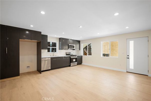 Interior, Kitchen, Recessed Lighting, Stainless Steel Appliances, Wood Texture Flooring