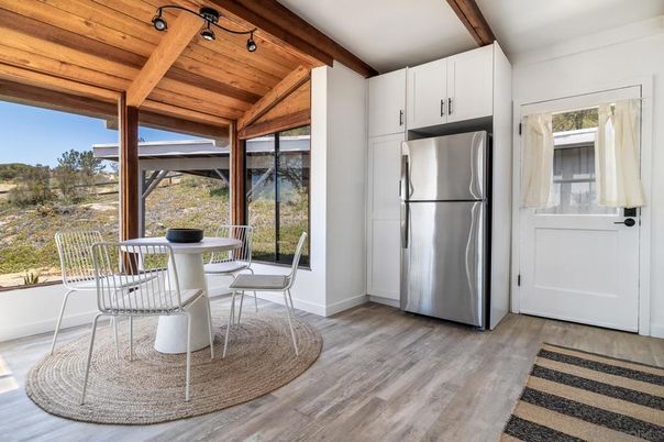 Dining room, Interior, Kitchen, Stainless Steel Appliances, Wooden Beams, Wooden Ceilings, Wood Texture Flooring
