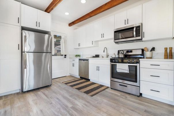 Interior, Kitchen, Recessed Lighting, Stainless Steel Appliances, Wooden Beams, Wood Texture Flooring