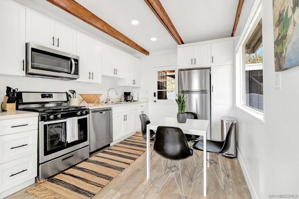 Dining room, Interior, Kitchen, Recessed Lighting, Stainless Steel Appliances, Wooden Beams, Wood Texture Flooring