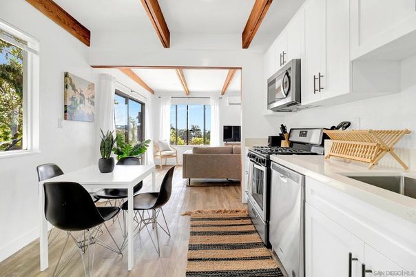 Dining room, Interior, Kitchen, Living room, Wooden Beams, Wood Texture Flooring