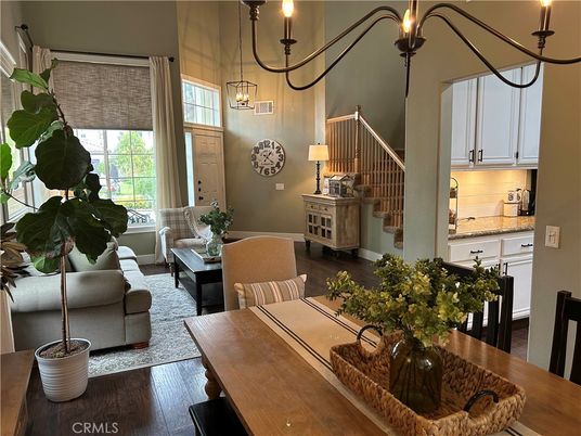 Dining room, Interior, Living room, Pendant Lights, Wood Texture Flooring