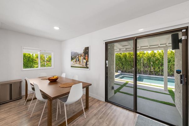 Dining room, Interior, Recessed Lighting, Wood Texture Flooring
