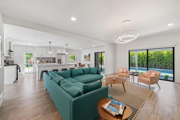 Interior, Kitchen, Living room, Pendant Lights, Recessed Lighting, Wood Texture Flooring