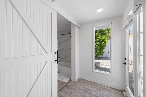 Interior, Marble Walls, Recessed Lighting, Wood Texture Flooring
