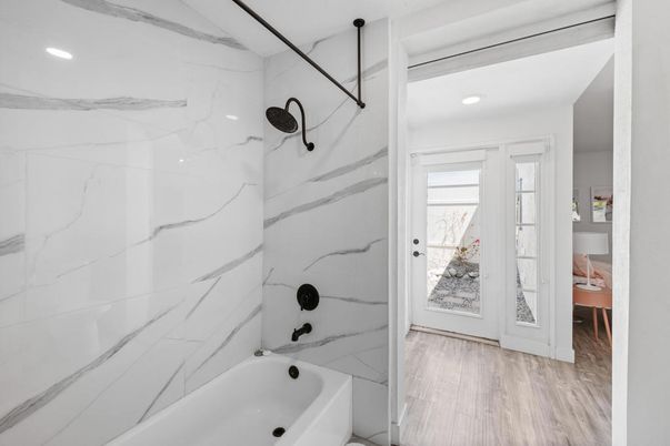 Bathroom, Interior, Marble Walls, Recessed Lighting, Wood Texture Flooring