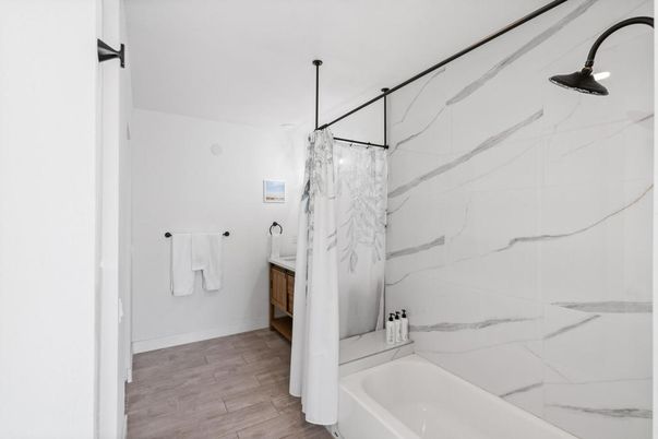 Bathroom, Interior, Marble Walls, Wood Texture Flooring