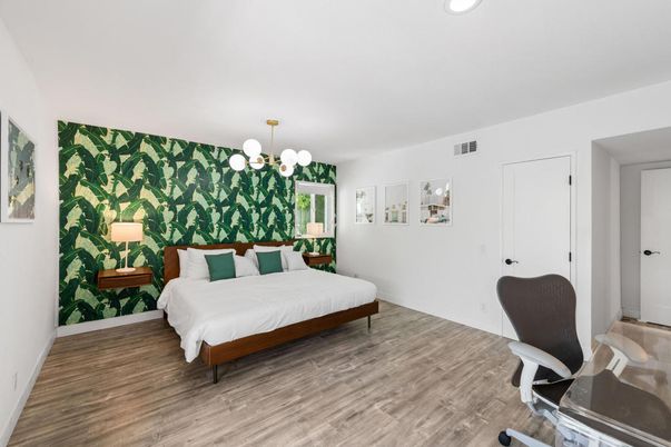 Bedroom, Interior, Pendant Lights, Recessed Lighting, Wood Texture Flooring
