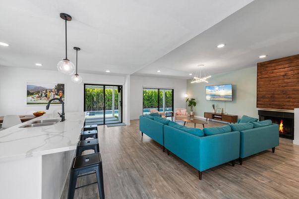 Fireplace, Interior, Kitchen, Living room, Pendant Lights, Recessed Lighting, Wood Texture Flooring