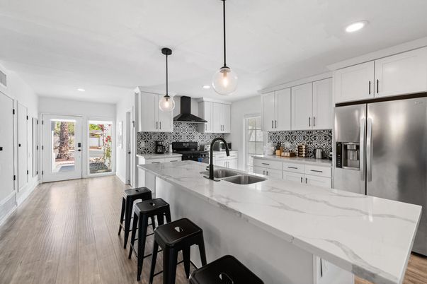 Interior, Kitchen, Pendant Lights, Recessed Lighting, Stainless Steel Appliances, Wood Texture Flooring