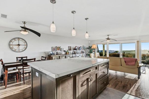 Dining room, Interior, Kitchen, Living room, Pendant Lights, Wood Texture Flooring