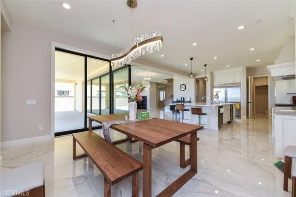 Dining room, Interior, Kitchen, Marble, Pendant Lights, Recessed Lighting, Stainless Steel Appliances