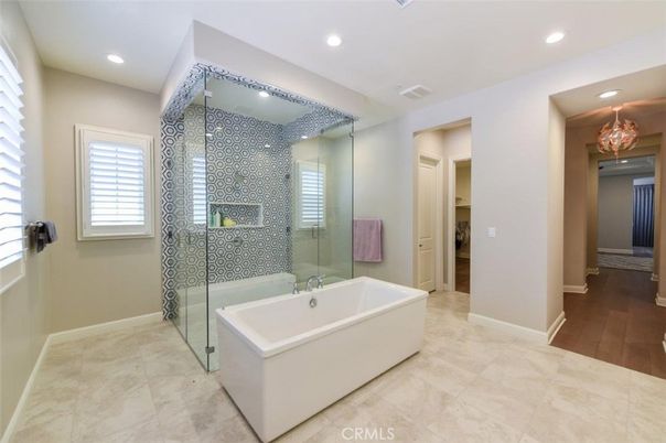 Bathroom, Free Standing Baths, Glass Shower, Interior, Recessed Lighting, Wood Texture Flooring
