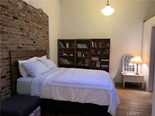 Bedroom, Interior, Pendant Lights, Stone Walls, Wood Texture Flooring