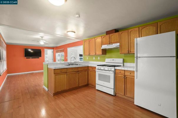 Interior, Kitchen, Tile Countertops, Wood Texture Flooring