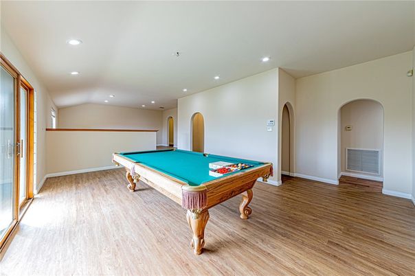 Billiard Table, Game Room, Interior, Recessed Lighting, Wood Texture Flooring