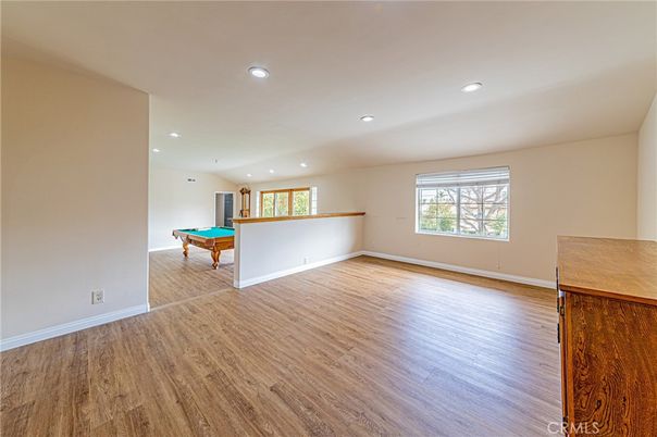 Billiard Table, Empty room, Game Room, Interior, Recessed Lighting, Wood Texture Flooring