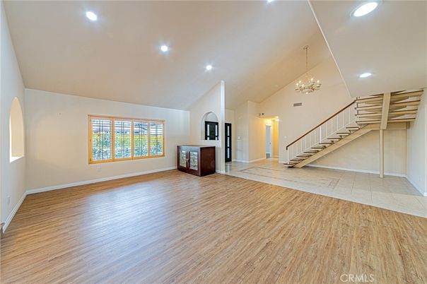 Chandelier, Empty room, Interior, Recessed Lighting, Wood Texture Flooring