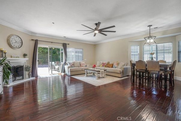 Dining room, Fireplace, Interior, Living room, Pendant Lights, Wood Texture Flooring
