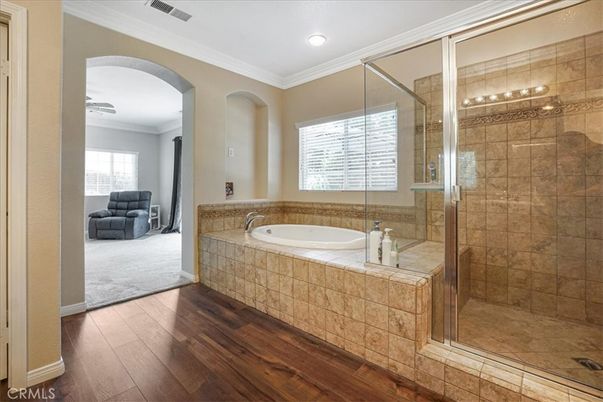 Bathroom, Glass Shower, Interior, Recessed Lighting, Wood Texture Flooring