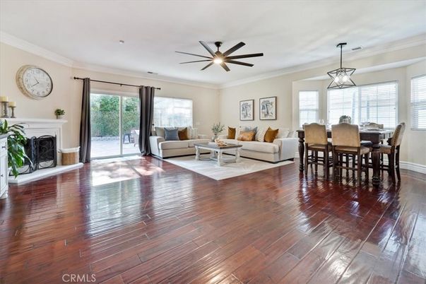 Dining room, Fireplace, Interior, Living room, Pendant Lights, Wood Texture Flooring