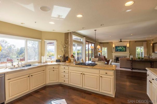 Fireplace, Interior, Kitchen, Living room, Pendant Lights, Recessed Lighting, Wood Texture Flooring