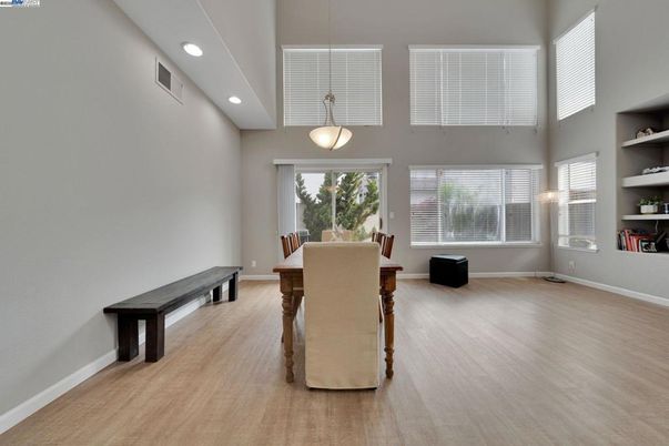 Dining room, Interior, Pendant Lights, Recessed Lighting, Wood Texture Flooring