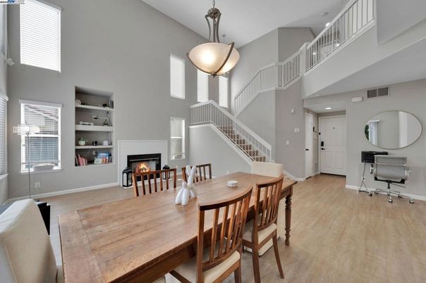 Dining room, Fireplace, Interior, Pendant Lights, Wood Texture Flooring