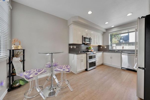 Interior, Kitchen, Recessed Lighting, Stainless Steel Appliances, Wood Texture Flooring