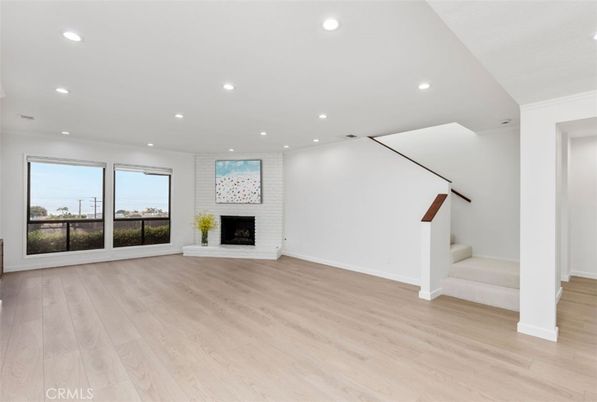 Empty room, Fireplace, Interior, Recessed Lighting, Wood Texture Flooring