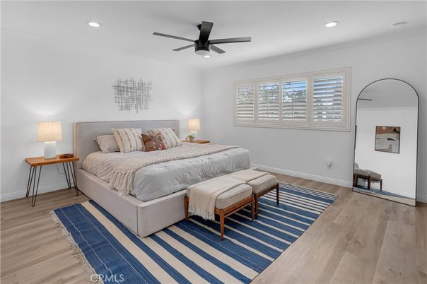 Bedroom, Interior, Recessed Lighting, Wood Texture Flooring