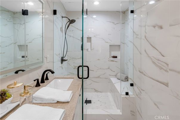 Bathroom, Glass Shower, Interior, Marble Walls, Recessed Lighting