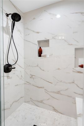 Bathroom, Glass Shower, Interior, Marble Walls, Recessed Lighting