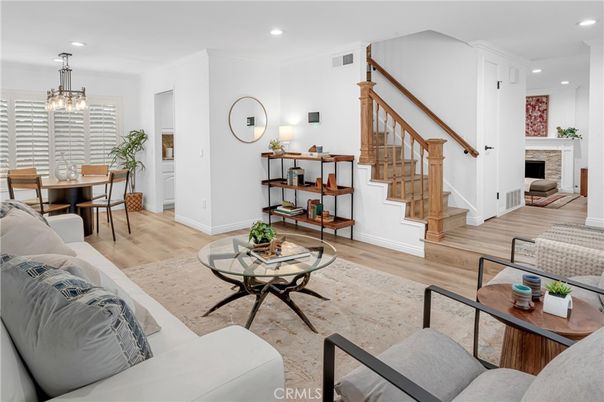 Dining room, Fireplace, Interior, Living room, Pendant Lights, Recessed Lighting, Wood Texture Flooring