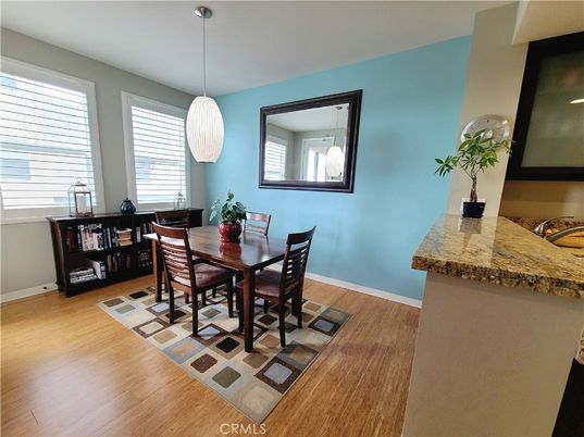 Dining room, Interior, Pendant Lights, Wood Texture Flooring