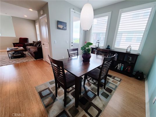 Dining room, Interior, Living room, Recessed Lighting, Wood Texture Flooring