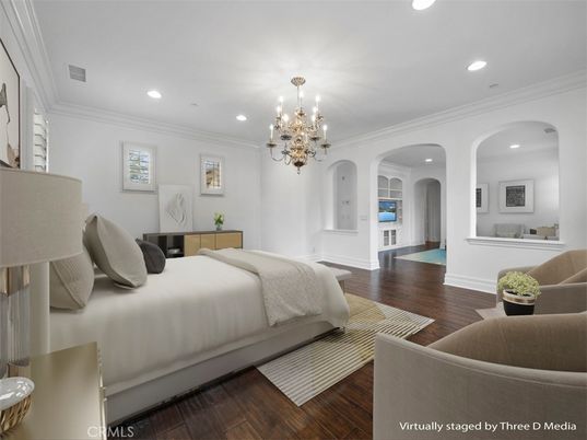 Bedroom, Chandelier, Interior, Recessed Lighting, Wood Texture Flooring